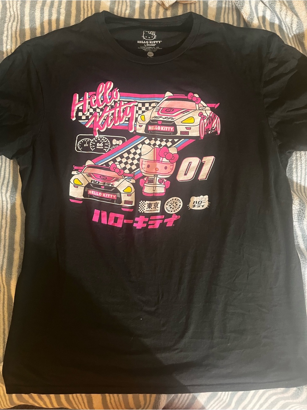 Sanrio Hello Kitty Black Tee with Pink Racing Graphics